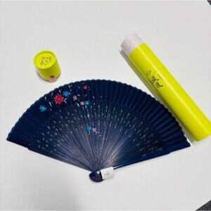 Japanese Blue Hand Fan - Floral Design, Yellow Case